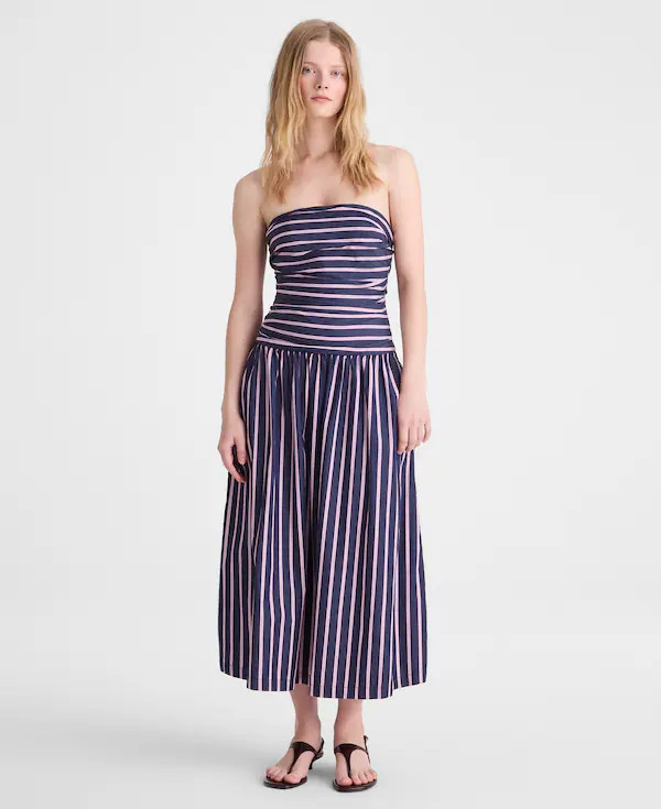 Strapless Ruched Midi Dress in Poplin | Madewell