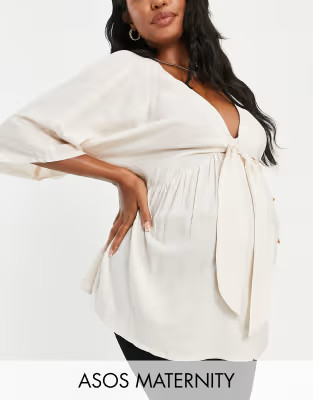 ASOS DESIGN Maternity tie front kimono top in stone | ASOS (Global)