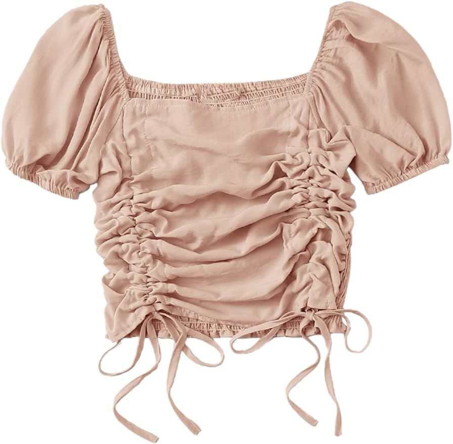 SheIn Women's Short Puff Sleeve Square Neck Crop Top Shirred Drawstring Blouse | Amazon (US)