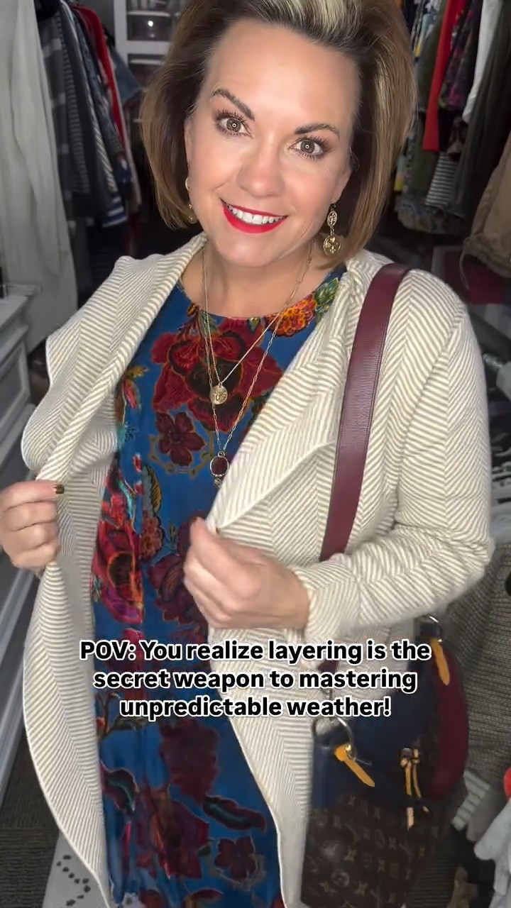 Layering up for unpredictable weather! Cool mornings and hot afternoons call for a versatile look. I’m rocking a stunning blue and red floral print dress, paired with a neutral herringbone shacket.

Why this pattern mix works:

·	Contrasting scales: bold floral vs. subtle herringbone.
·	Unifying colors: neutral shacket ties in with dress’s blue tones.
·	Texture mixing: smooth dress and chunky shacket.
·	Statement accessories: layered necklace, gold earrings, and red shoes add visual interest.

👉 Save this post for your next outfit inspiration and let me know…What’s your go-to layering piece? 

🌟 Want to shop this outfit? 🌟

Comment “SHOP” below to get a DM with the link to my LTK! ⬇ 

⭐️⭐️ Don’t forget to follow me to master the art of pattern mixing and to receive the link! ⭐️⭐️

#PatternMixing #LayeredLook #FallFashion #TransitionalStyle #FloralPrint #Herringbone #NeutralTones #StatementAccessories #AutumnVibes #EverydayEssentials