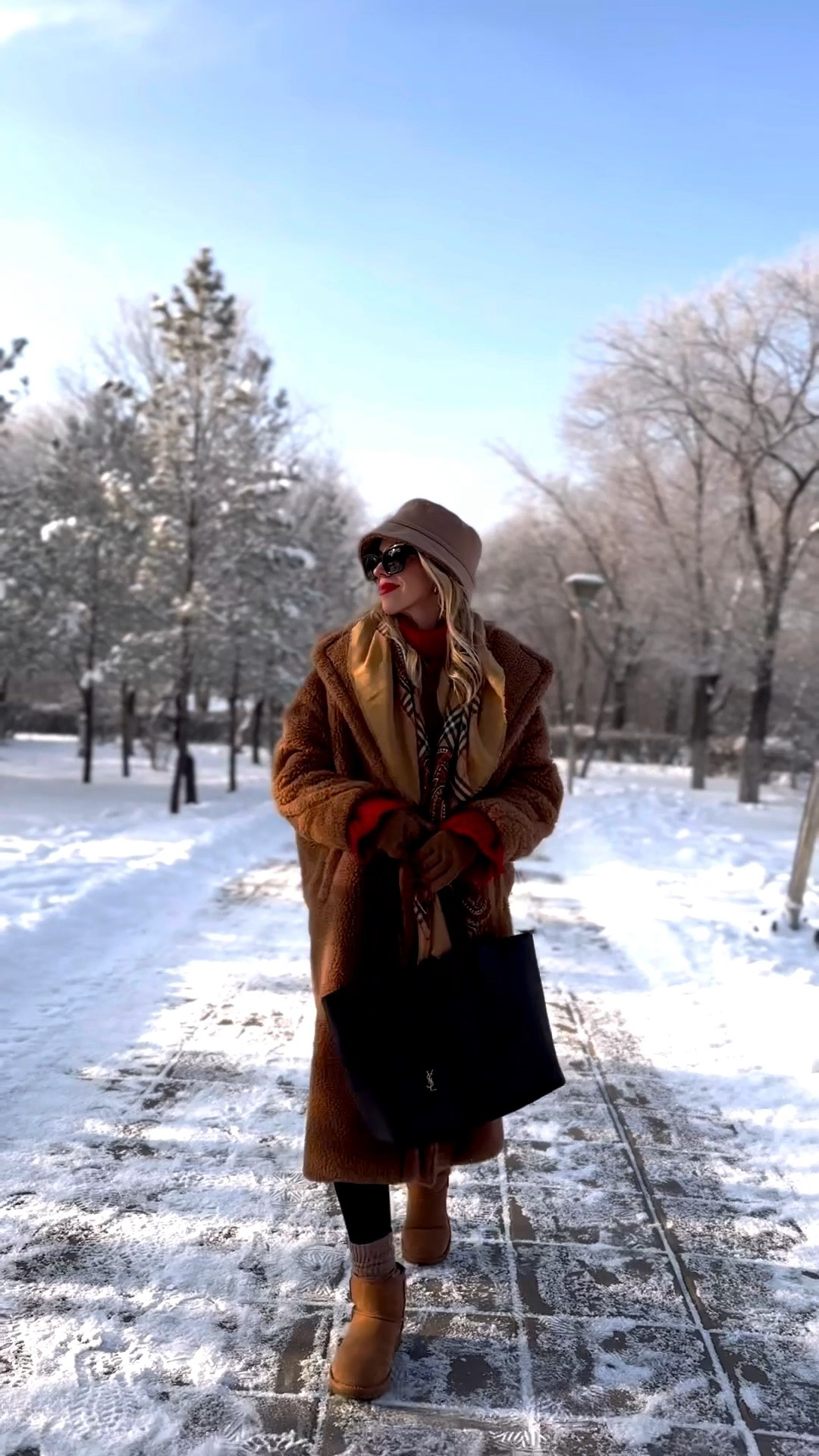 Holiday outfit, teddy bear coat, Burberry plaid scarf, cozy holiday shopping look, fleece lined leggings, Ugg classic mini boots, 

#LTKHoliday #LTKFindsUnder100 #LTKOver40