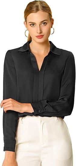 Allegra K Women's Satin Blouse Elegant V Neck Long Sleeve Silky Office Work Shirt | Amazon (US)
