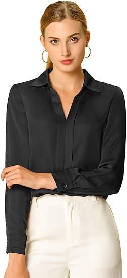 Allegra K Women's Satin Blouse Elegant V Neck Long Sleeve Silky Office Work Shirt | Amazon (US)
