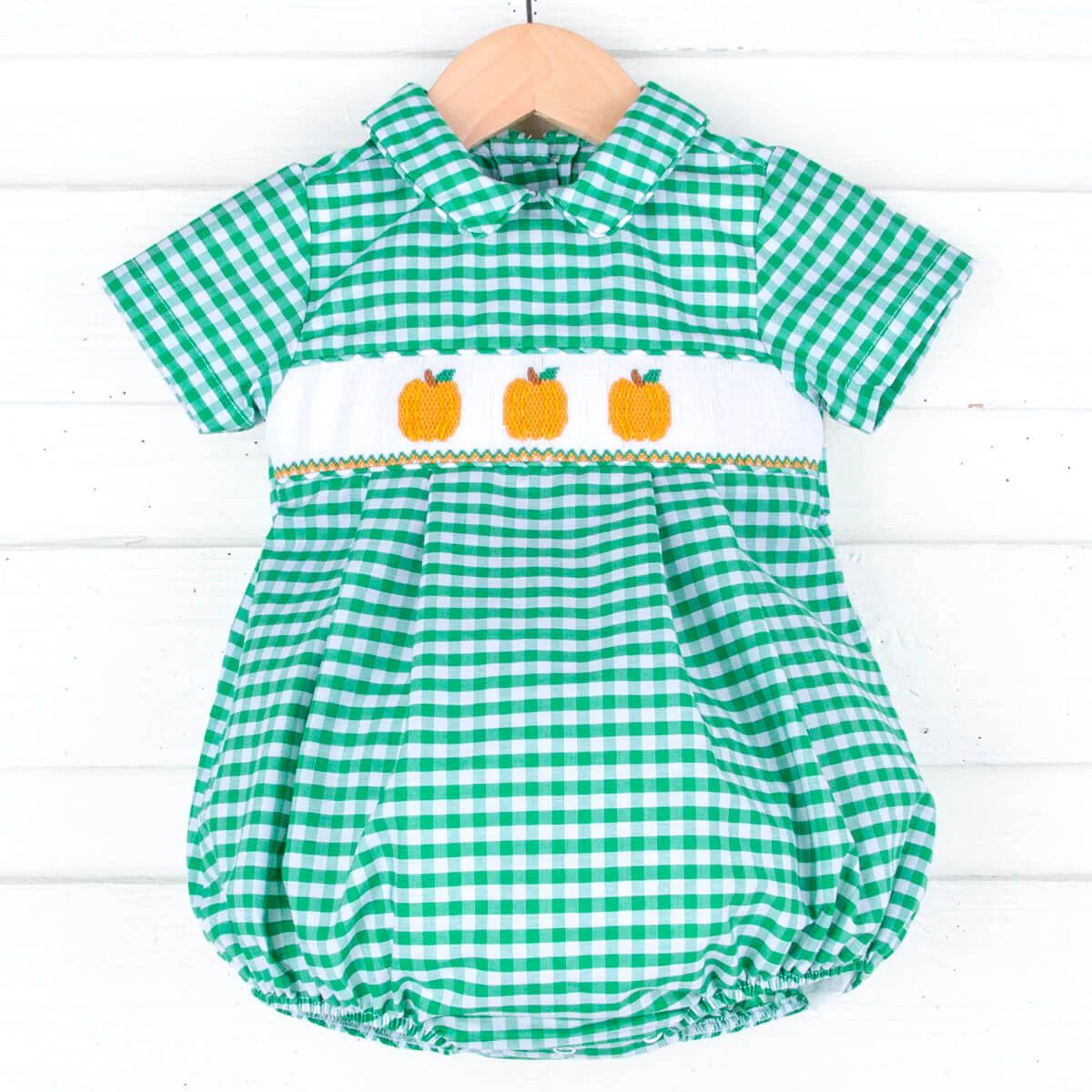 Green Check Pumpkin Smocked Collared Bubble | Classic Whimsy