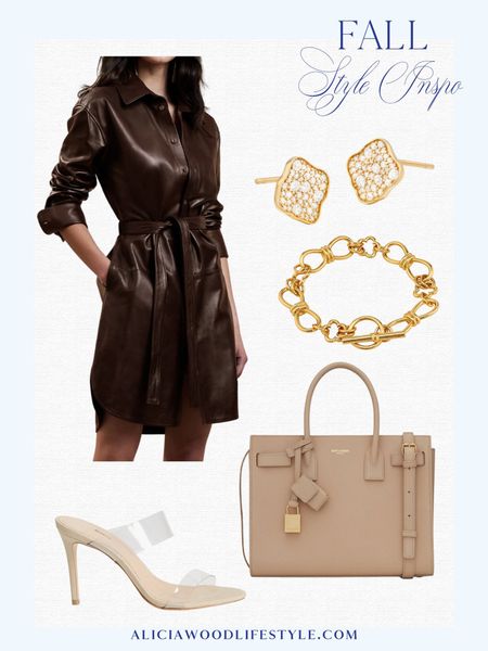 Fall in love with this rich brown leather shirtdress 

Banana Republic dark brown leather shirtdress with tie waist
Dark beige Saint Laurent Sac De Jour Baby Top Handle Bag In Grained Leather
Transparent nude sandals
Gold chain bracelet
Gold diamond stud earrings 

#LTKSeasonal #LTKstyletip #LTKitbag