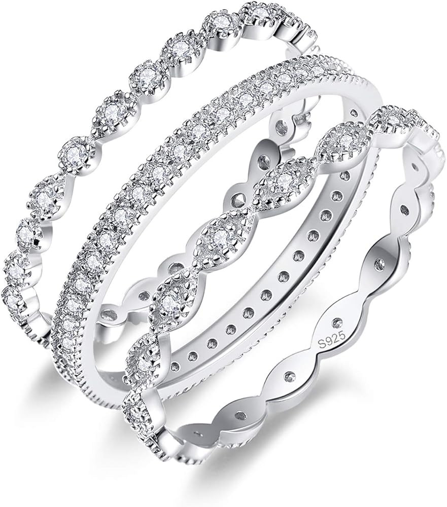 3 PCS 925 Sterling Silver Stackable Engagement Rings Set Cubic Zirconia Eternity Bands Wedding Pr... | Amazon (US)