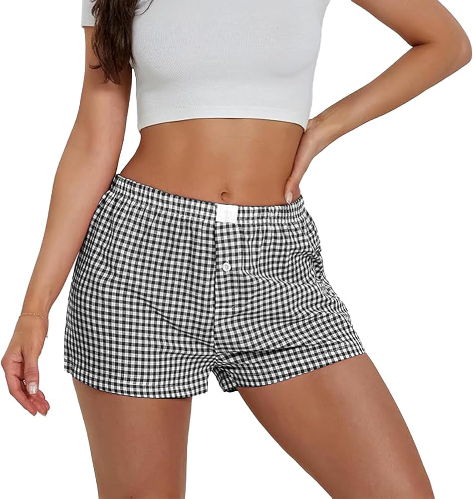 Allmloers Women Y2k Pajamas Shorts Elastic Low Waist Checkered Boxers Shorts Summer Plaid Sleepin... | Amazon (US)