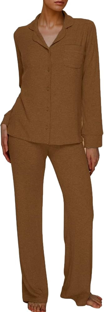 AnotherChill Women's Pajamas Set Long Sleeve Button Down Ribbed Knit 2 Piece Sleep Sets Loungewea... | Amazon (US)
