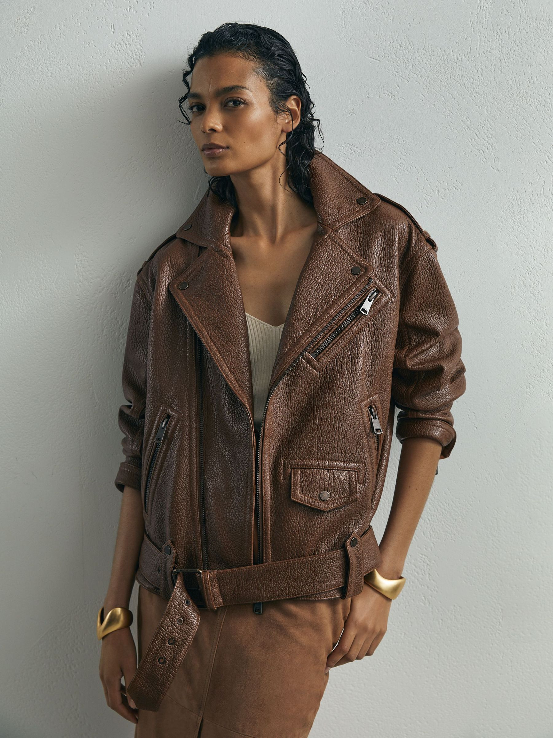 Reiss Atelier Grained-Leather Oversized Biker Jacket in Chestnut Brown - REISS | Reiss UK