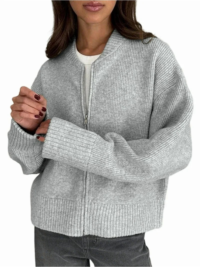 Female'S Chunky Knit Zip-Up Cardigan Sweater,Fall Open Front Long Sleeve Ribbed Knit Outerwear Co... | Walmart (US)