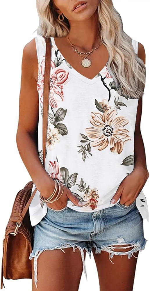 Tank Top for Women Summer Tops Loose Fit Cute V Neck Workout Sleeveless Floral Printed T Shirts | Amazon (US)