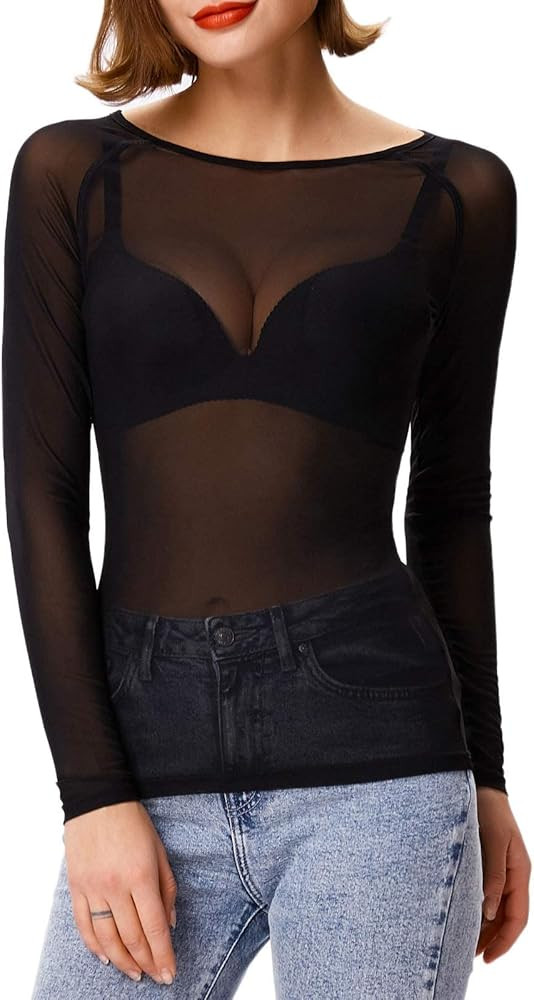 GRACE KARIN Women's Long Sleeve See Through Mesh Sheer Top Blouse Shirt | Amazon (US)