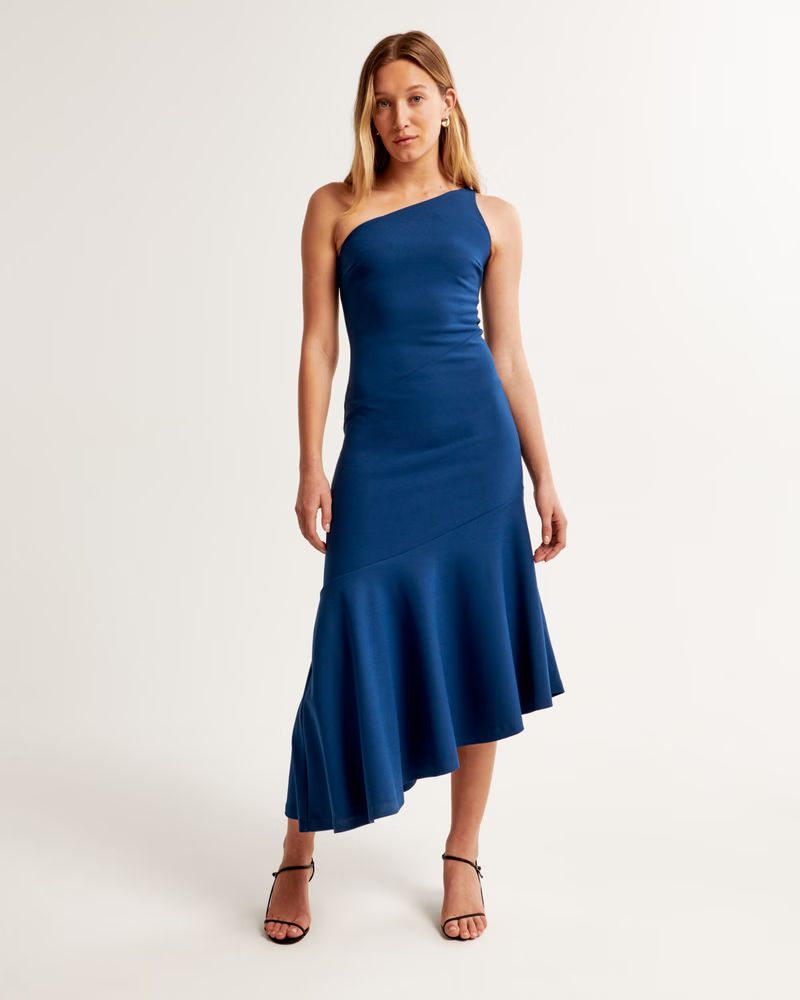 One-Shoulder Asymmetrical Hem Midi Dress | Abercrombie & Fitch (US)
