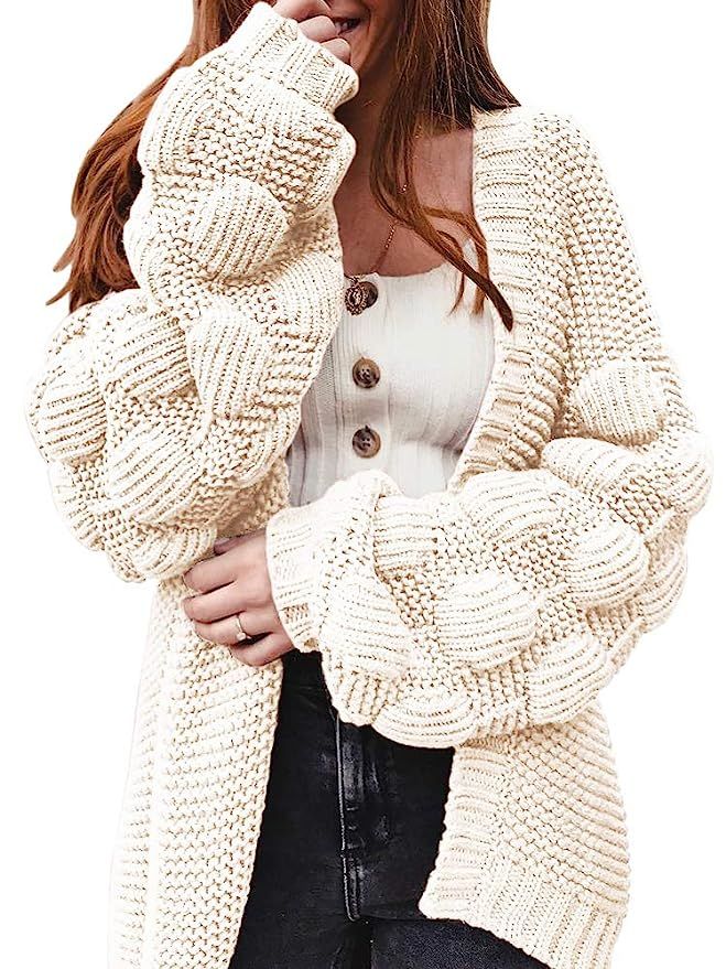 Misassy Womens Open Front Chunky Knit Cardigans Lantern Pom Pom Sleeve Loose Sweater Outwear | Amazon (US)