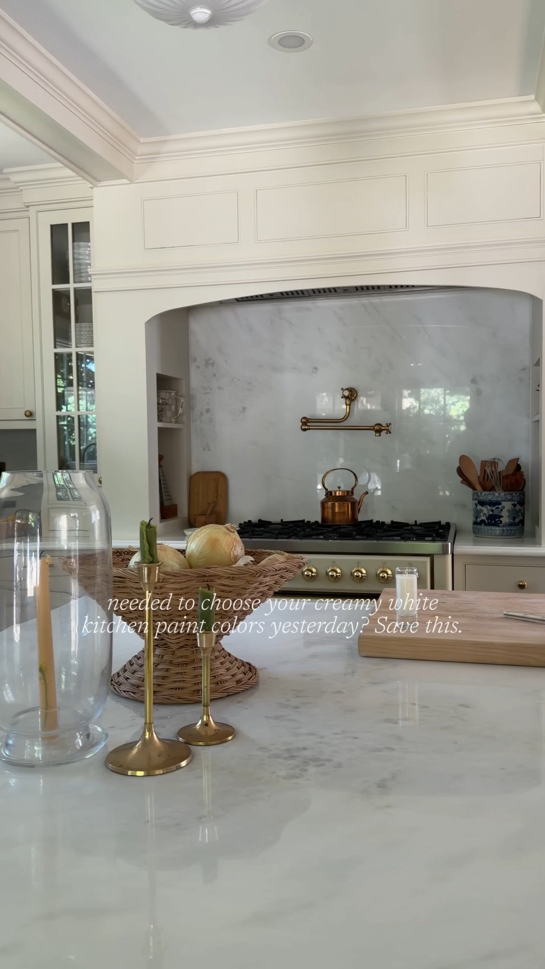 I’ve had so many questions about the paint colors in our kitchen, so here they are all in one place.

Walls: Cloud Cover by Benjamin Moore

Ceiling + Trim: Pure White by Sherwin-Williams

Cabinets: Antique White by Cabinet Joint (a close color match is White Duck by Sherwin-Williams, which we also used on our beams and custom range hood).

One thing to keep in mind: paint colors can look completely different from one home to the next depending on natural light, surrounding finishes, and the sheen you choose. Always test samples in your own space before making a final decision.

Comment SHOP and I’ll send you the sources for all of the finishes featured in our kitchen.