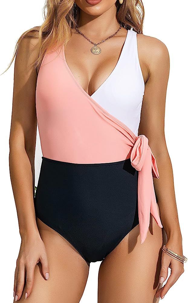 Felnart Swimsuits for Women V Neck Color Block Wrap One Piece Swimsuits Bowknot Swimwear | Amazon (US)