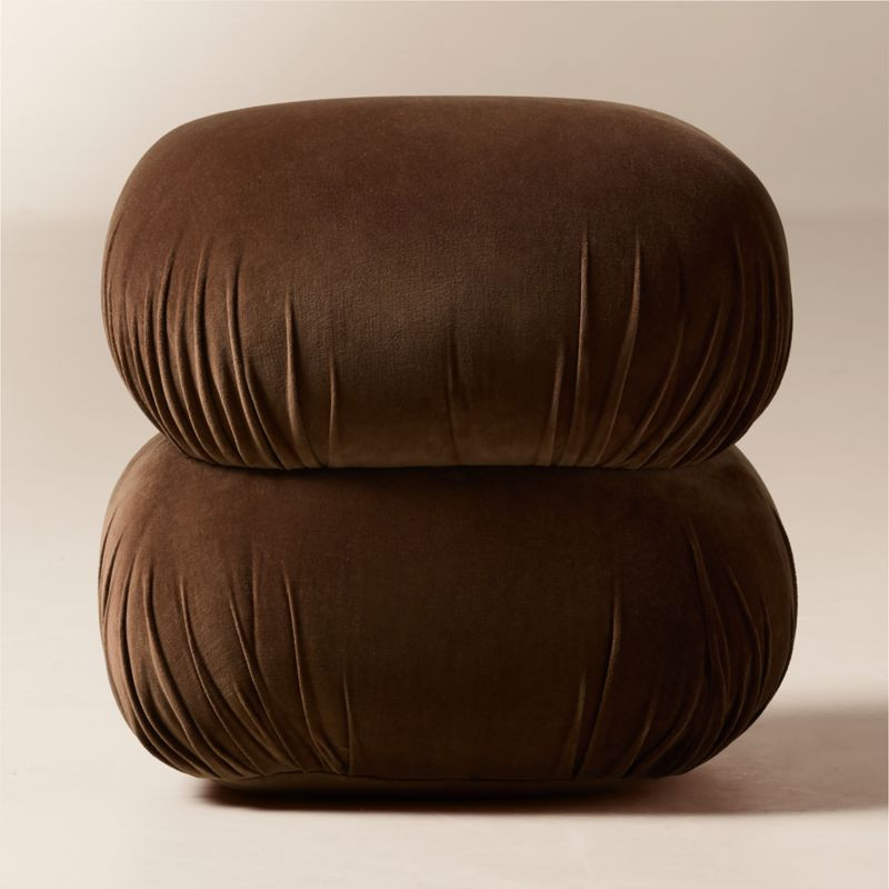 Ruched Choclate Velvet Brown Pouf | CB2