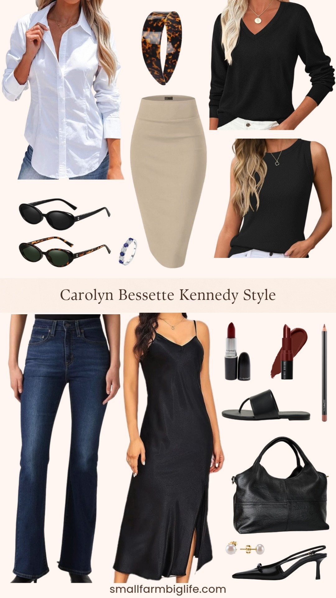 Channeling Carolyn Bessette Kennedy style with timeless, minimal pieces that always look polished. Think crisp white shirts, dark wash flare jeans, a black slip dress, simple knit sweaters, and classic accessories like oval sunglasses and pearl earrings. It’s that effortless 90s style with clean lines, neutral colors, and a few classic beauty touches like red lipstick. 

 #LTKgrwm #LTKootd #LTKOver40