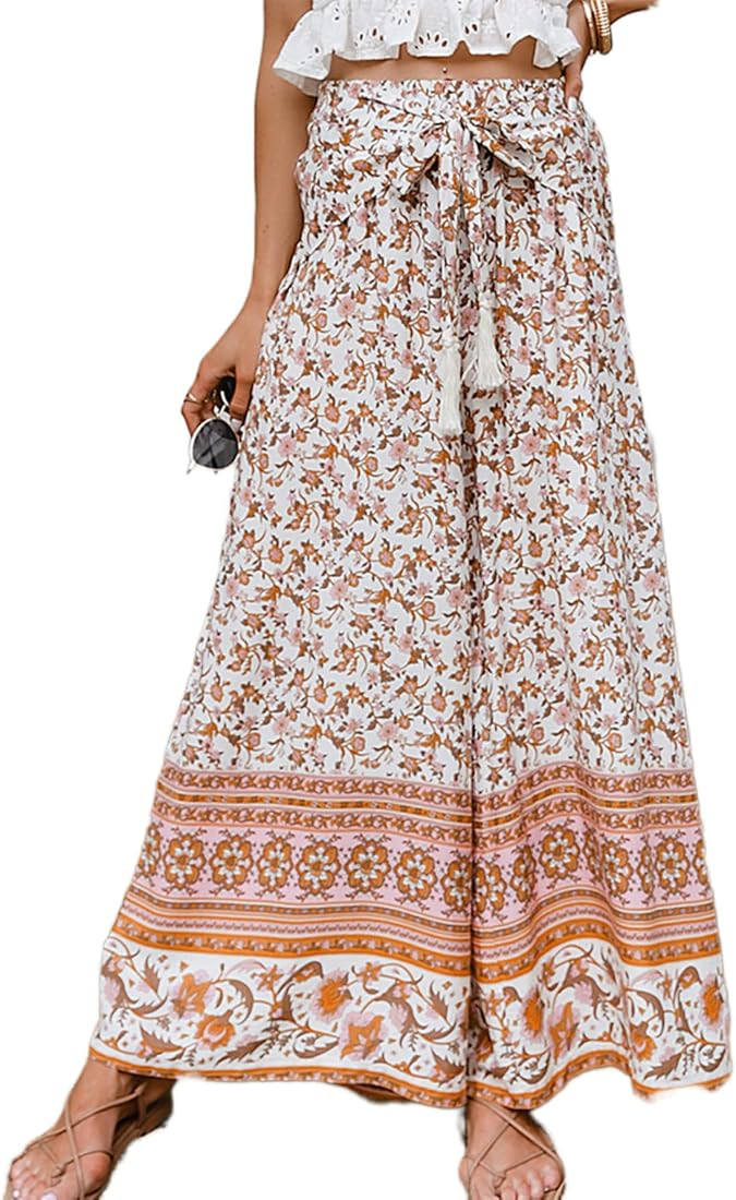 GRACEVINES Women’s Summer Boho Floral Wide Leg Pants Elastic High Waist Loose Casual Beach Pala... | Amazon (US)