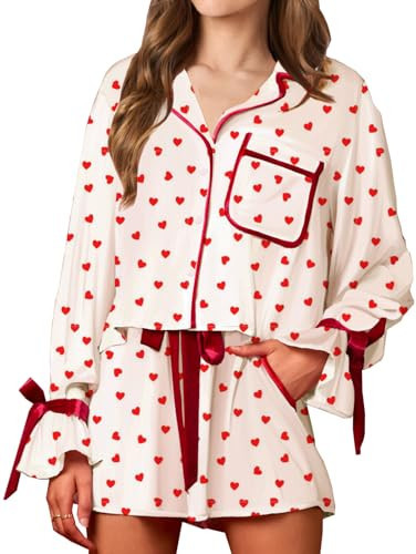 Women Galentine's Day Silk Pajamas 2 Piece Heart Print Pjs Satin Bow Tie Long Sleeve Button Down Pajama Lounge Ruffle Shorts Set | Amazon (US)