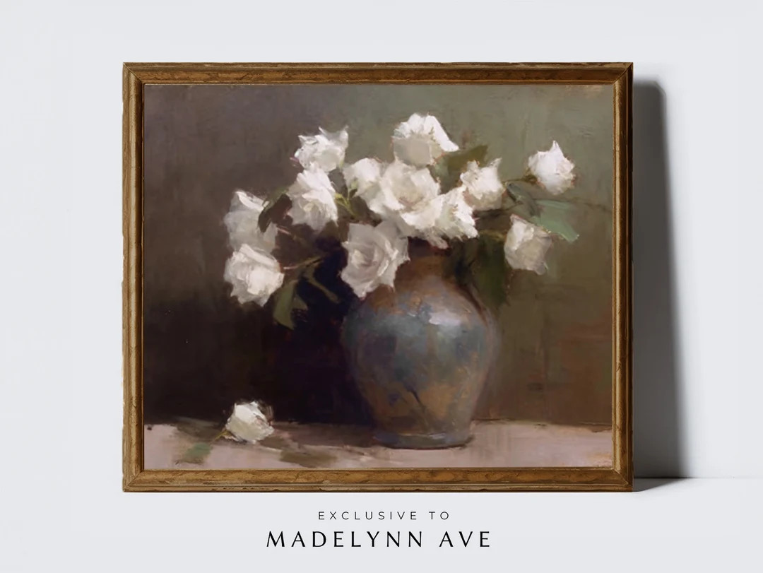 White Flowers Vintage Art Print, White Flowers Large Painting, Farmhouse Art Print, Modern Farmho... | Etsy (US)