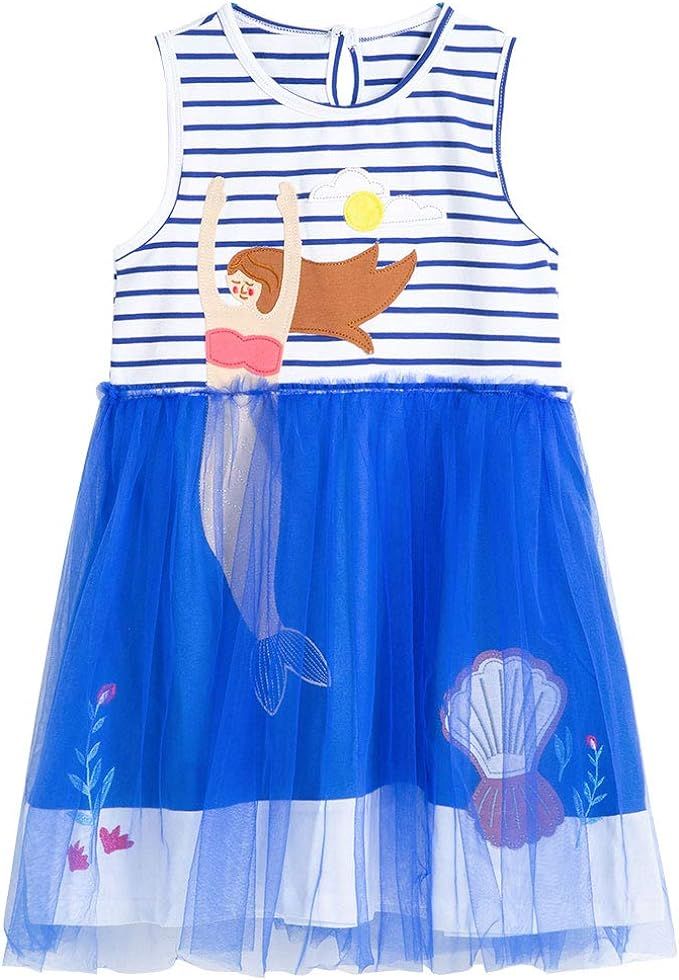 Cyxon Smiling Girls Clothes Summer Short Sleeve Casual Stripe Cotton Dress for Kids 3-8Years | Amazon (US)