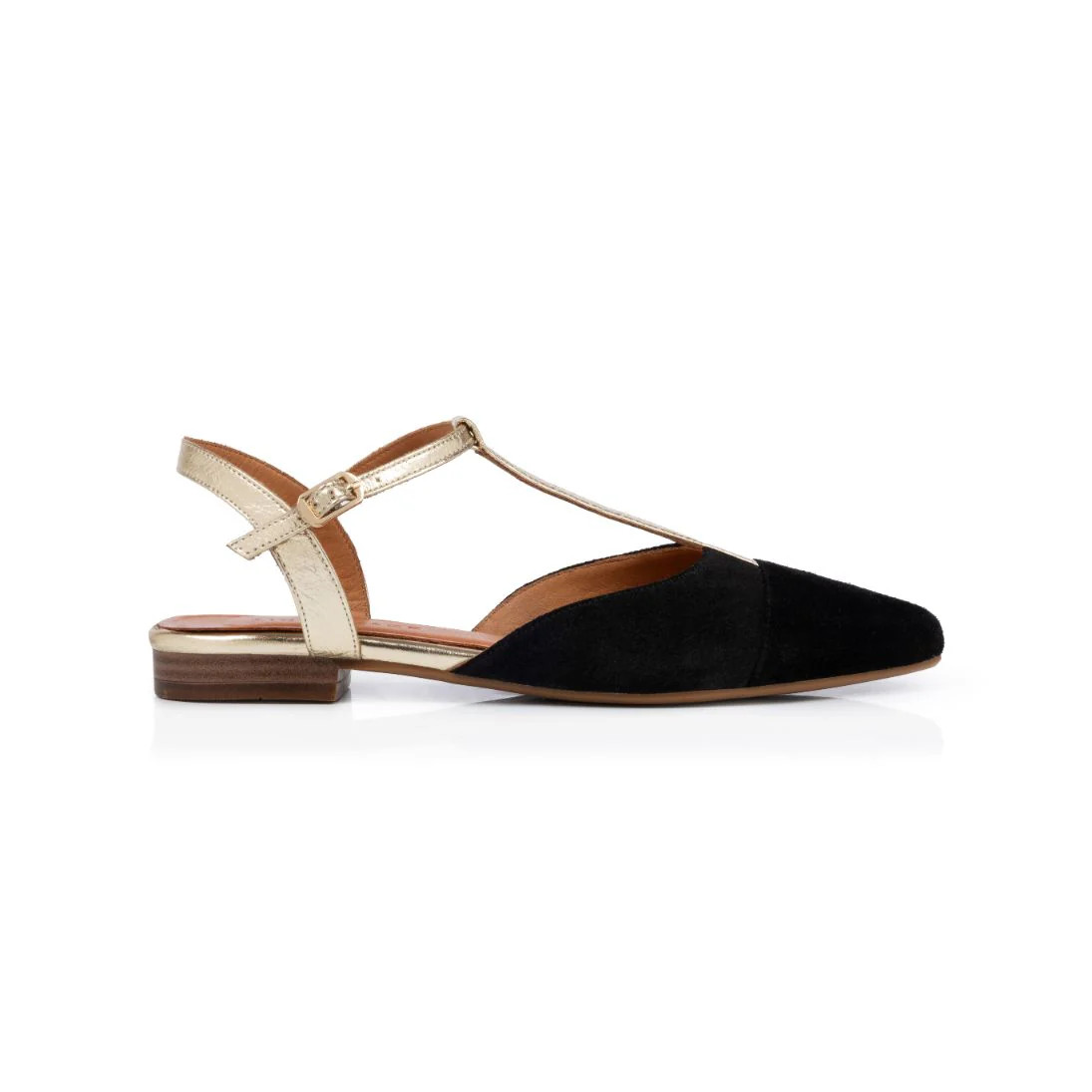 Anais: Black Suede & Gold Leather Pointed T-Bar Flats | Air & Grace