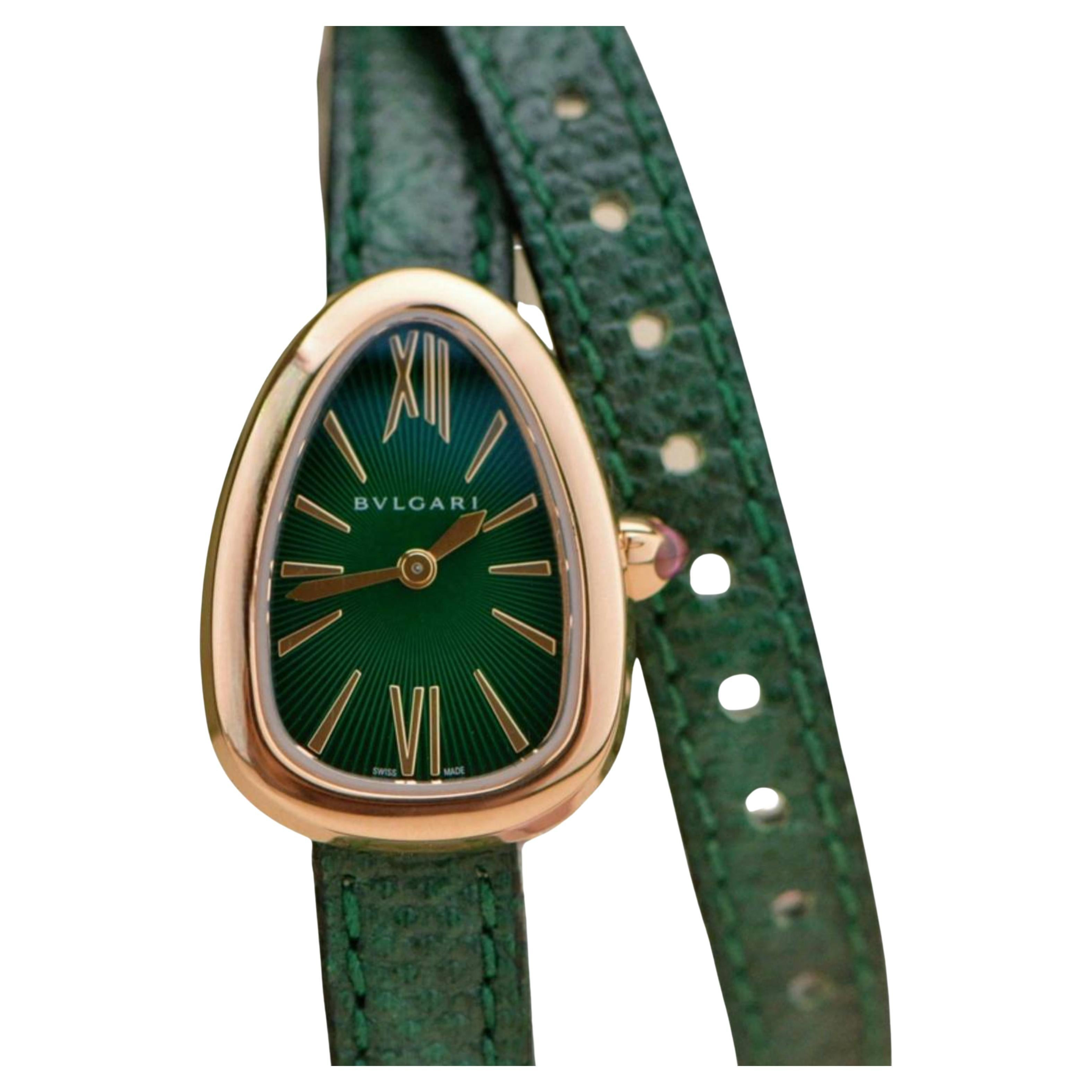 Bvlgari Serpenti Twist 18k Rose Gold Green Leather Quartz Wristwatch | 1stDibs