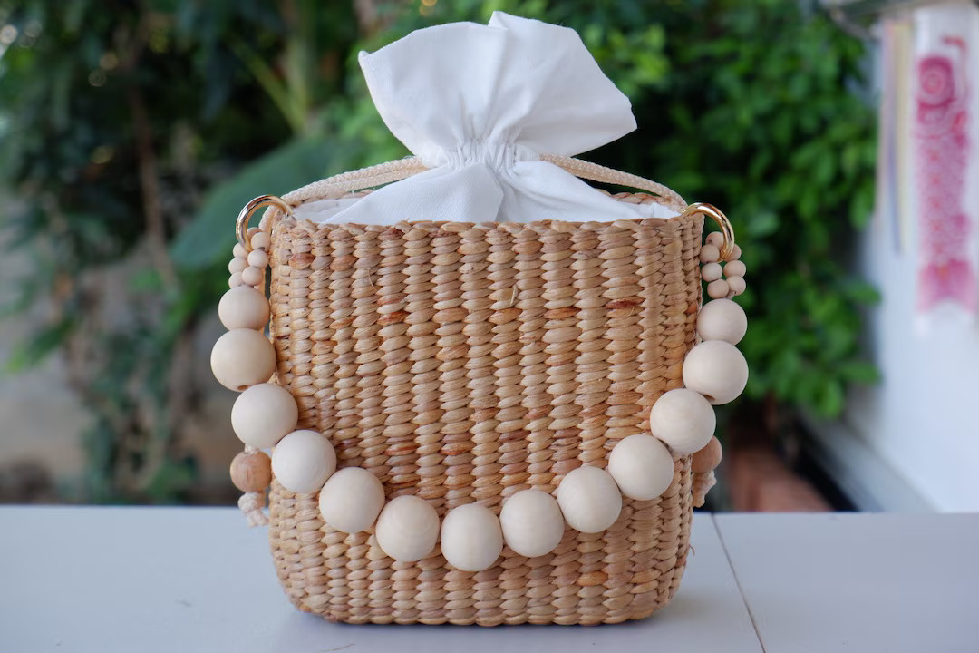 Beaded Straw Bag, Pearl Tote Straw Bag, Woven Handbag, Woven Beaded Straw Bag, Beaded Bag, Boho B... | Etsy (US)