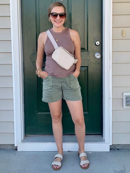 Outfit of the day featuring the popular high neck ribbed tank top from Target paired with green cargo shorts, a belt bag, braided sandals and gold hoop earrings!! 

#LTKstyletip