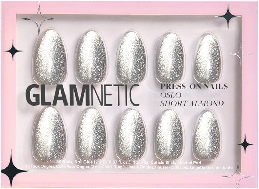 Glamnetic Press On Nails - Oslo | Short Almond Silver Shimmer Nails with a Cat Eye Finish | 15 Si... | Amazon (US)