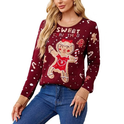 BLUEMING Women's Christmas Sweater Gingerbread Knit Sweater - Festive Crewneck Long Sleeve Pullover Burgundy L | Target
