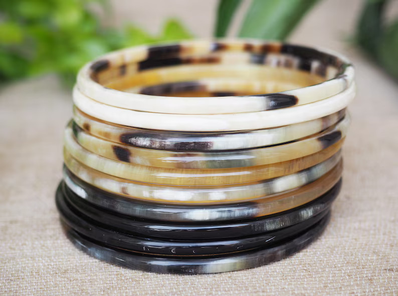 Natural Buffalo Horn Bracelet Set 10 Skinny Bangles BS03 - Etsy | Etsy (US)