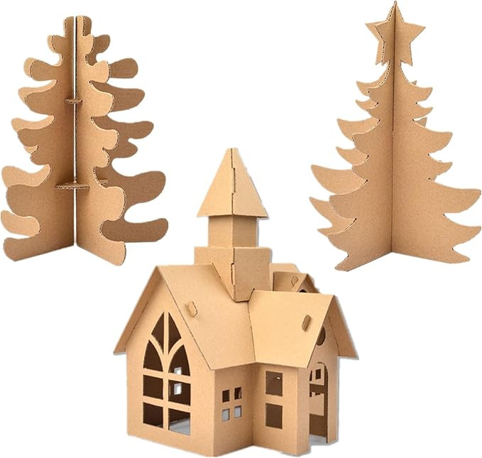 alfyng 3PCS Unfinished Cardboard Christmas Tree House Art and Craft House for Boy and Girls DIY C... | Amazon (US)