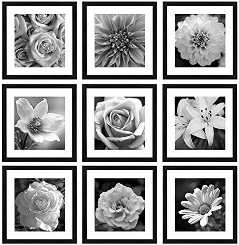 12x12 Picture Frames Black Set of 9, Wooden Square Photo Frame Displays 8x8 With Mat and 12x12 Witho | Amazon (US)
