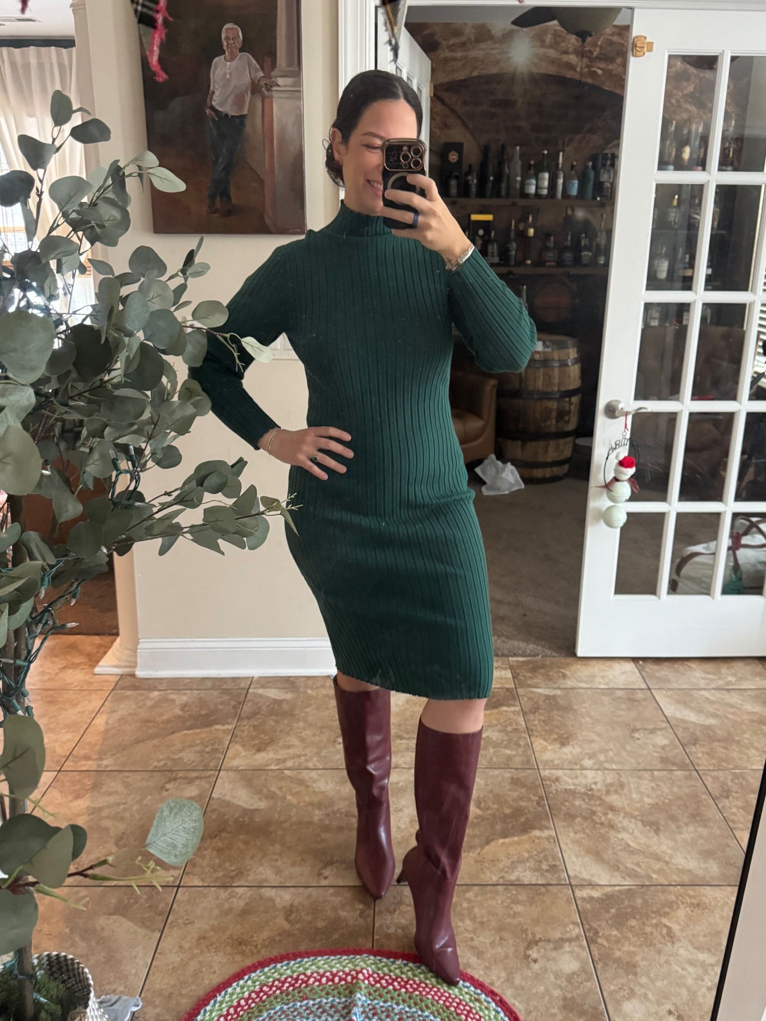 What I wore to work today! Obsessed with these boots! This color combo was fun too for the Holiday season! My dress is size large. 

#LTKWorkwear #LTKMidsize #LTKootd