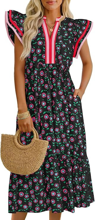 Wenrine Womens Summer Floral Midi Dresses Ruffle Cap Sleeve V Neck Striped Flowy Boho Casual Beac... | Amazon (US)