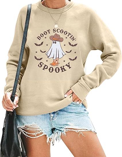 Halloween Ghost Sweatshirt Women Spooky Season Graphic Shirt Oversized Long Sleeve Fall Pullover ... | Amazon (US)