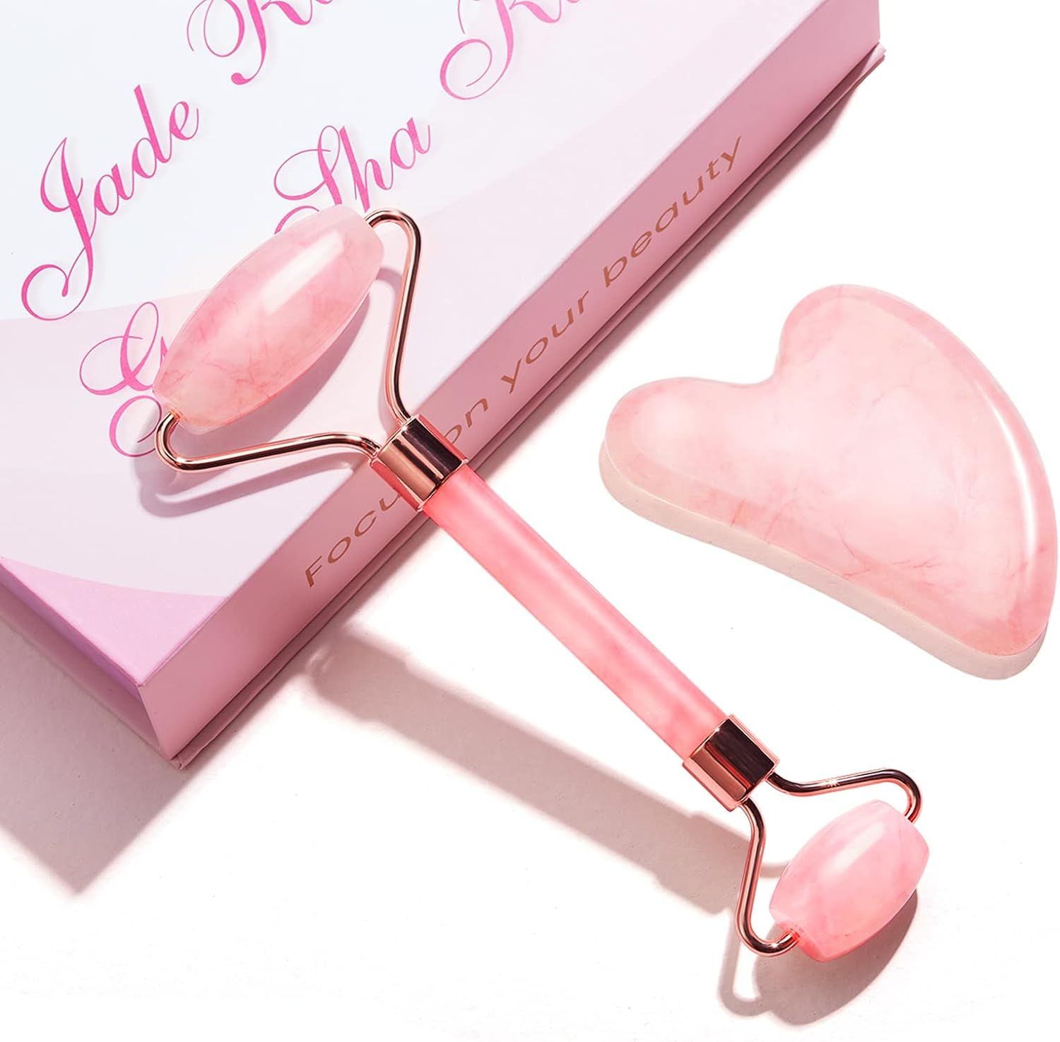 Jade Roller Gua Sha Set, Face Massager 100% Natural Rose Quartz Face Roller 2Pcs Kit for Women, Pink | Amazon (US)