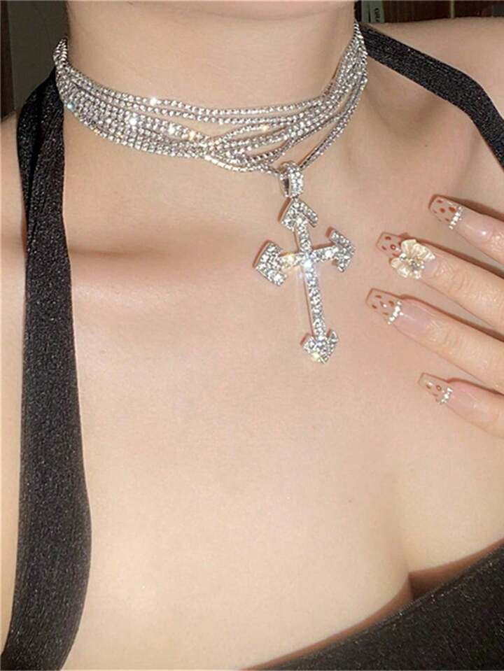 1pc Multi-Layer Sparkling Rhinestone Big Cross Pendant Clavicle Chain Necklace | SHEIN