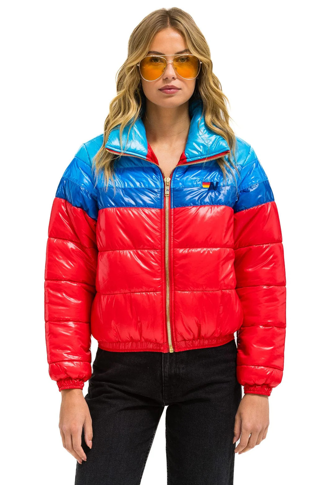 COLOR BLOCK LUXE APRES PUFFER JACKET - GLOSSY CHERRY | Aviator Nation