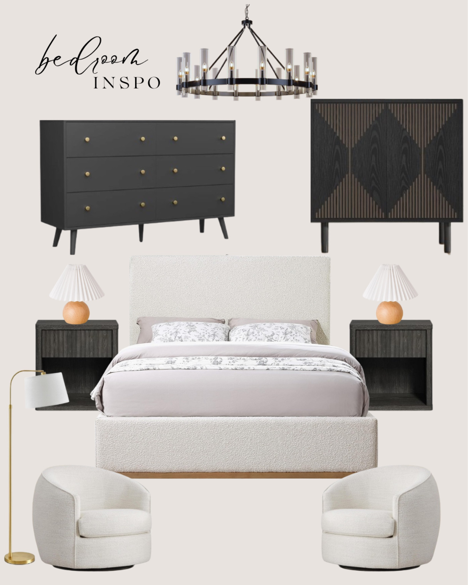 Bedroom inspo:
White bed. Black nightstands. Natural wood table lamps. White accent chairs. Black dresser. Black cabinet. Black chandelier.

#LTKSaleAlert #LTKHome