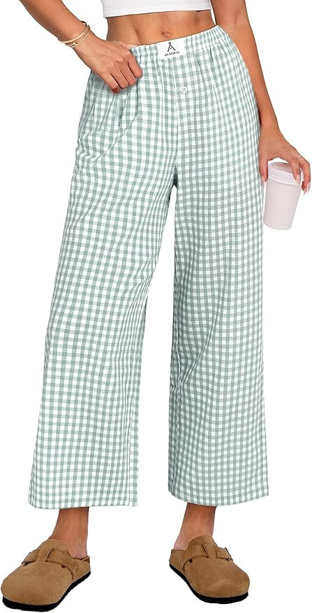 ANRABESS Women Striped Gingham Palazzo Cropped Pants Wide Leg Pajama Lounge Pants Plaid PJ Bottom... | Amazon (US)