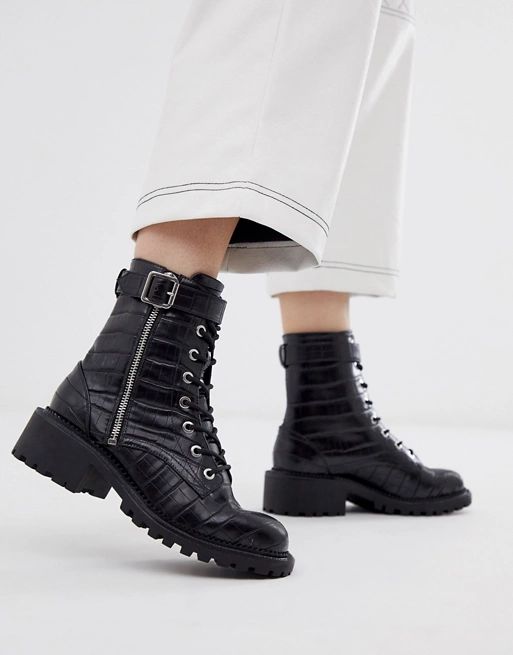 ASOS DESIGN Anya hardware lace up ankle boots in black croc | ASOS (Global)