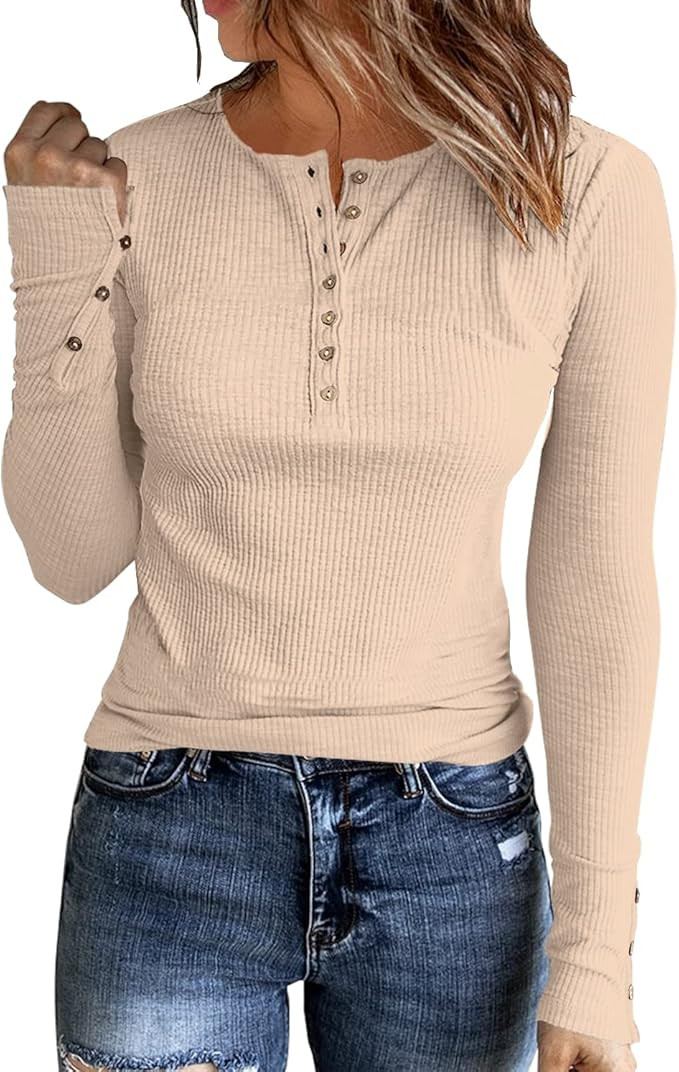 Womens Long Sleeves Ribbed Knit Tunic Shirts Scoop Neck Button Down Tops Casual Henley Tee Shirt ... | Amazon (US)