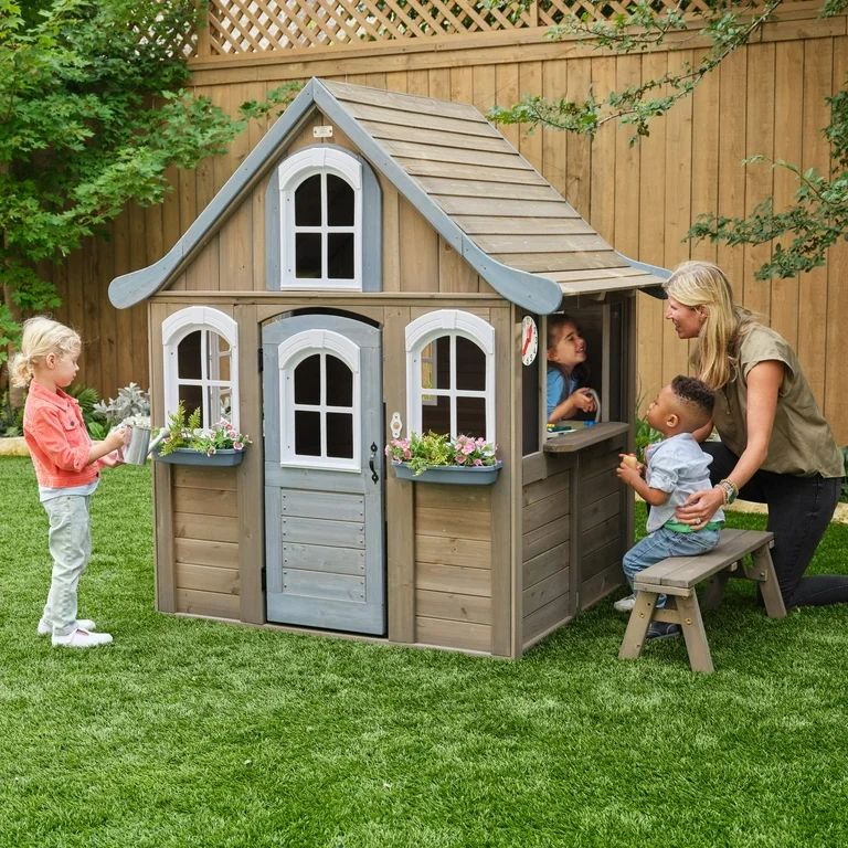KidKraft Forestview II Wooden Outdoor Playhouse with Ringing Doorbell, Bench and Kitchen | Walmart (US)