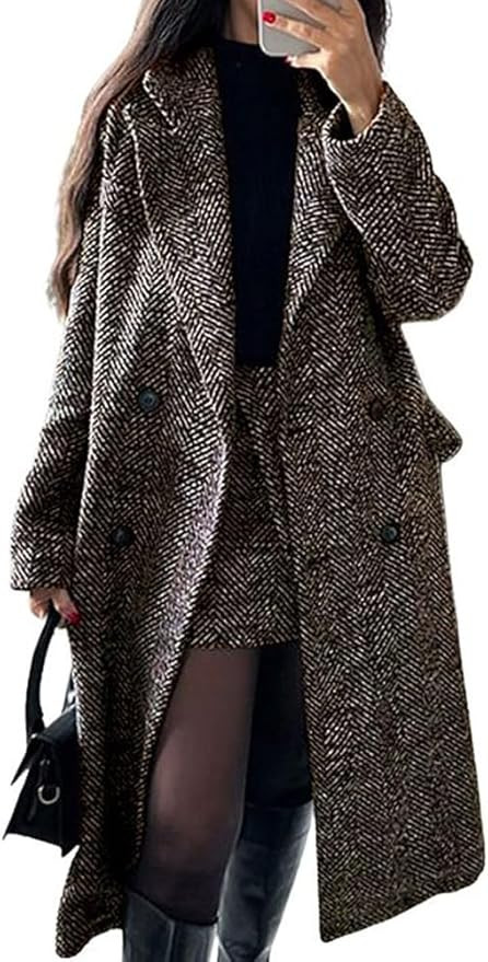 chouyatou Women's Winter Casual Herringbone Wool Coat Double Breasted Notch Collar Dressy Long Tr... | Amazon (US)
