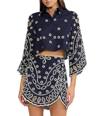 Petite Size Fallon Embroidered Eyelet Point Collar Long Sleeve Coordinating Button Front Top | Dillard's