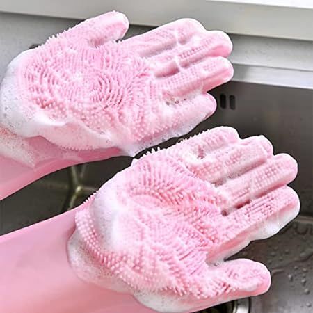 Silicone Dishwashing Gloves, Rubber Scrubbing Gloves, Sponge Cleaning Brush for Dishes Housework,... | Amazon (US)