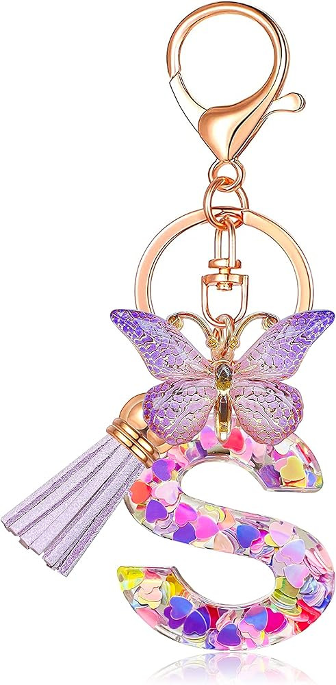 JINGUAZI Initial letter Keychains for Women Tassel Butterfly Pink Purple Cute Car Keychain for Wa... | Amazon (US)